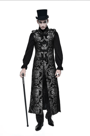 Gothic Long Silver Brocade Military Waistcoat